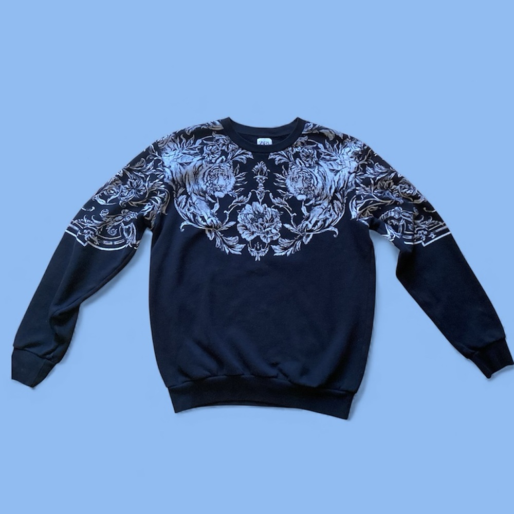 Zara Black Sweatshirt with White Floral / Tiger design, size small, unisex